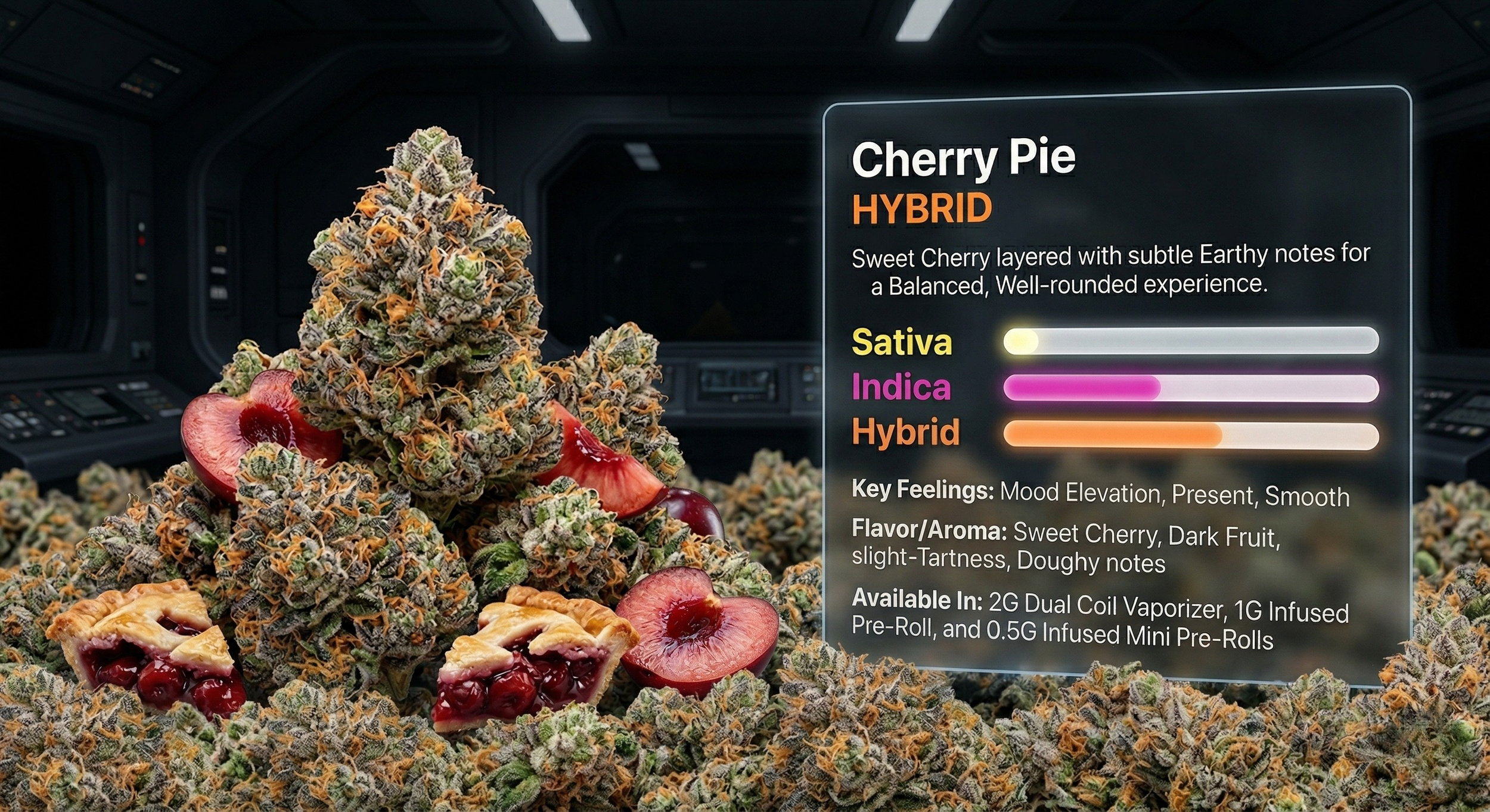 A digital display listing Cherry Pie strain details with a background of cannabis buds and cherry slices.