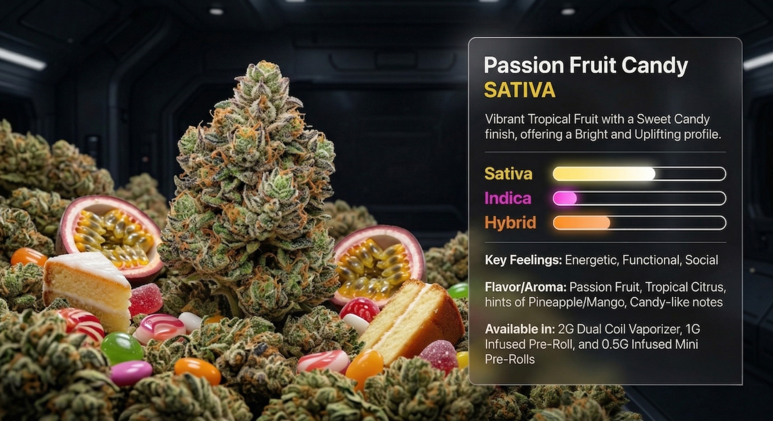 A large cannabis bud surrounded by candies, cookies, and passion fruit with information about Passion Fruit Candy strain, including description, type, key feelings, flavor/aroma, and product options.