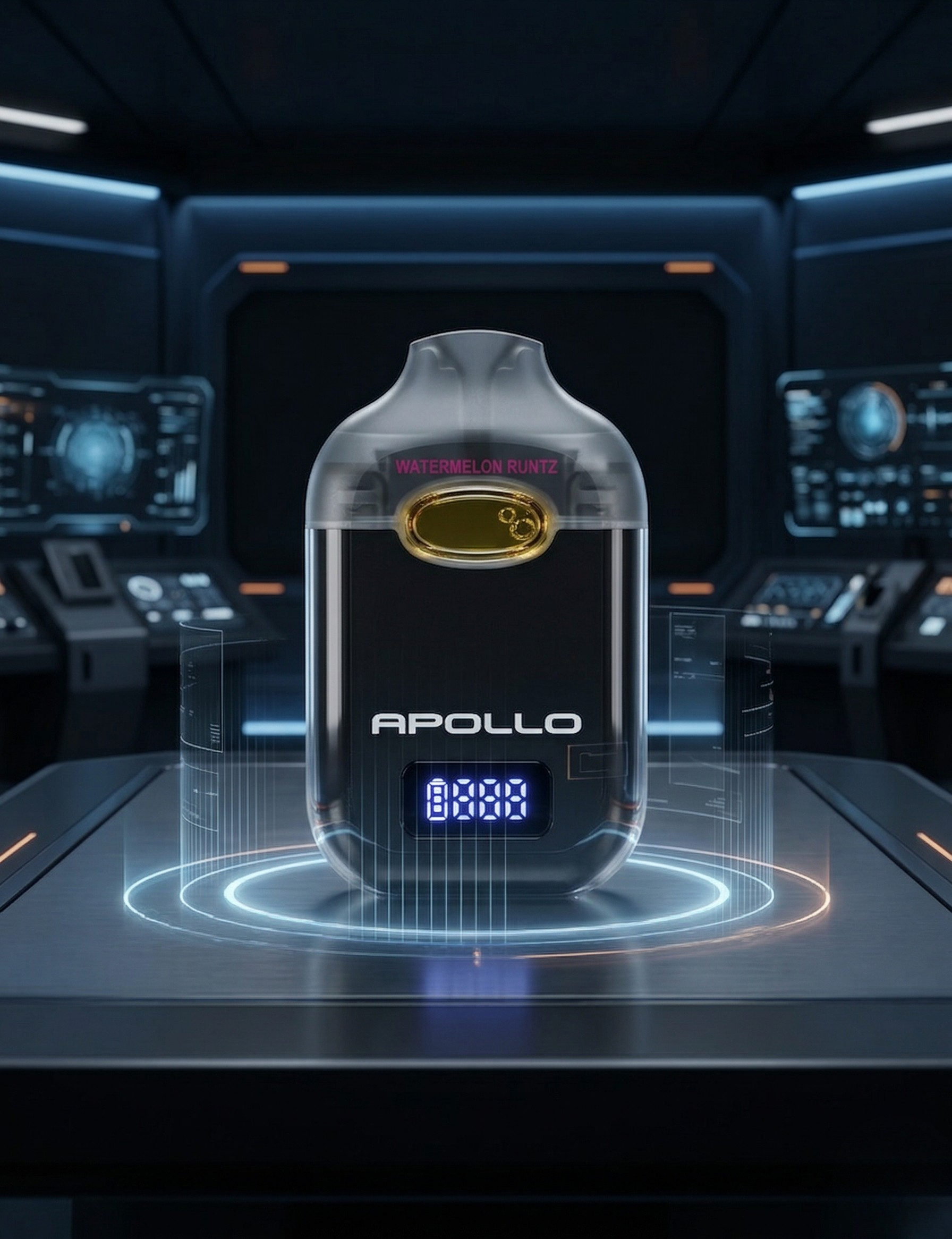 A futuristic depiction of a digital capsule labeled 'APOLLO' with a holographic display, set against a high-tech spaceship cockpit background.