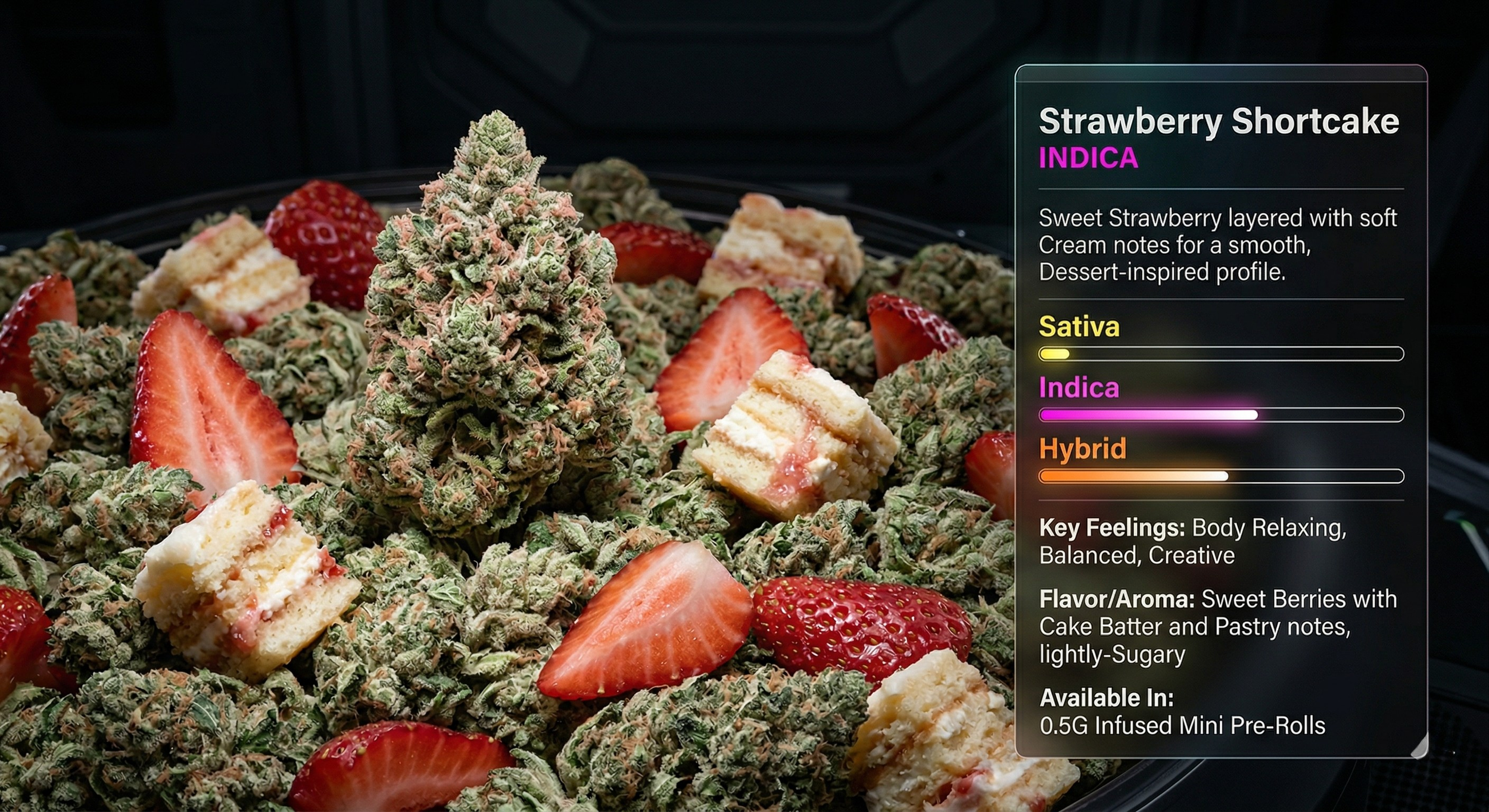 Cannabis buds with strawberry slices and cake batter pastry pieces, accompanied by informational text about strain and flavor profile.
