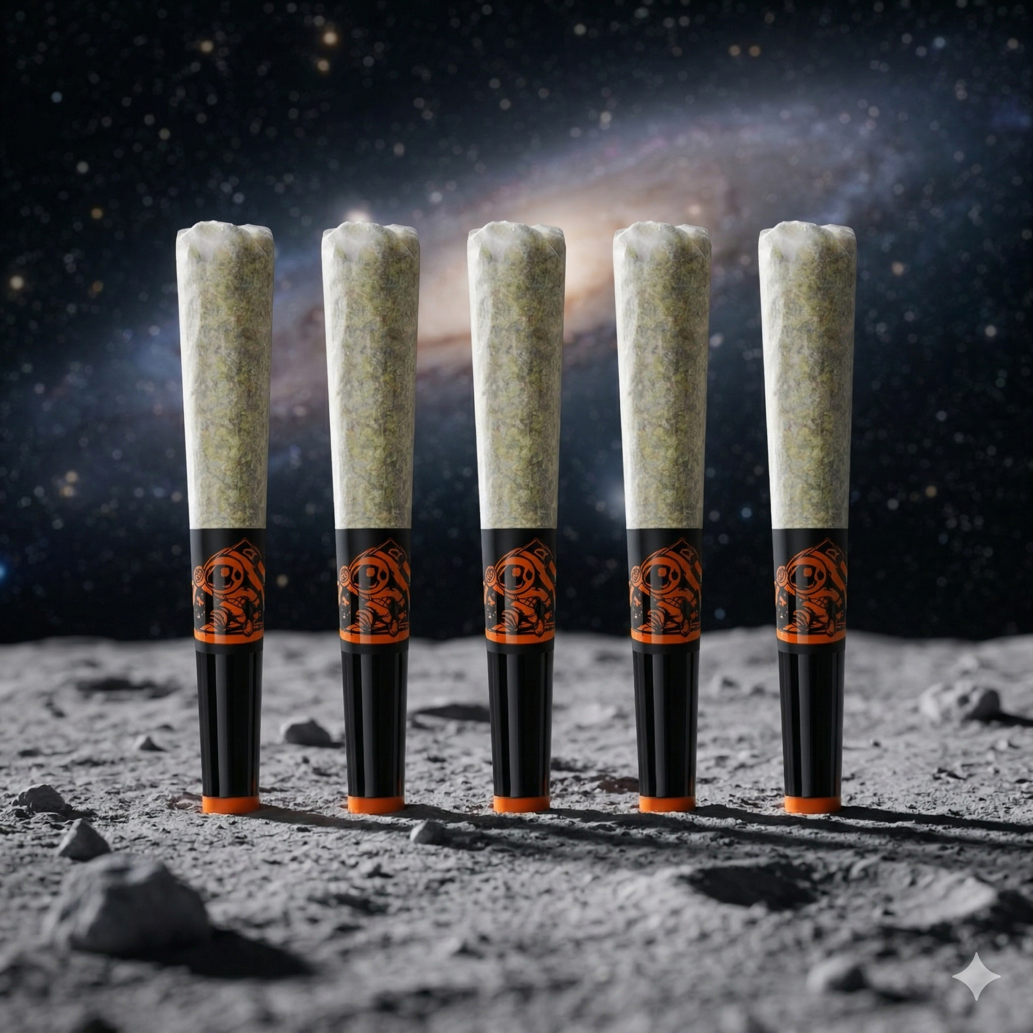 Five lunar moon rocks with Halloween-themed markers, on a lunar surface background with a galaxy in the sky.
