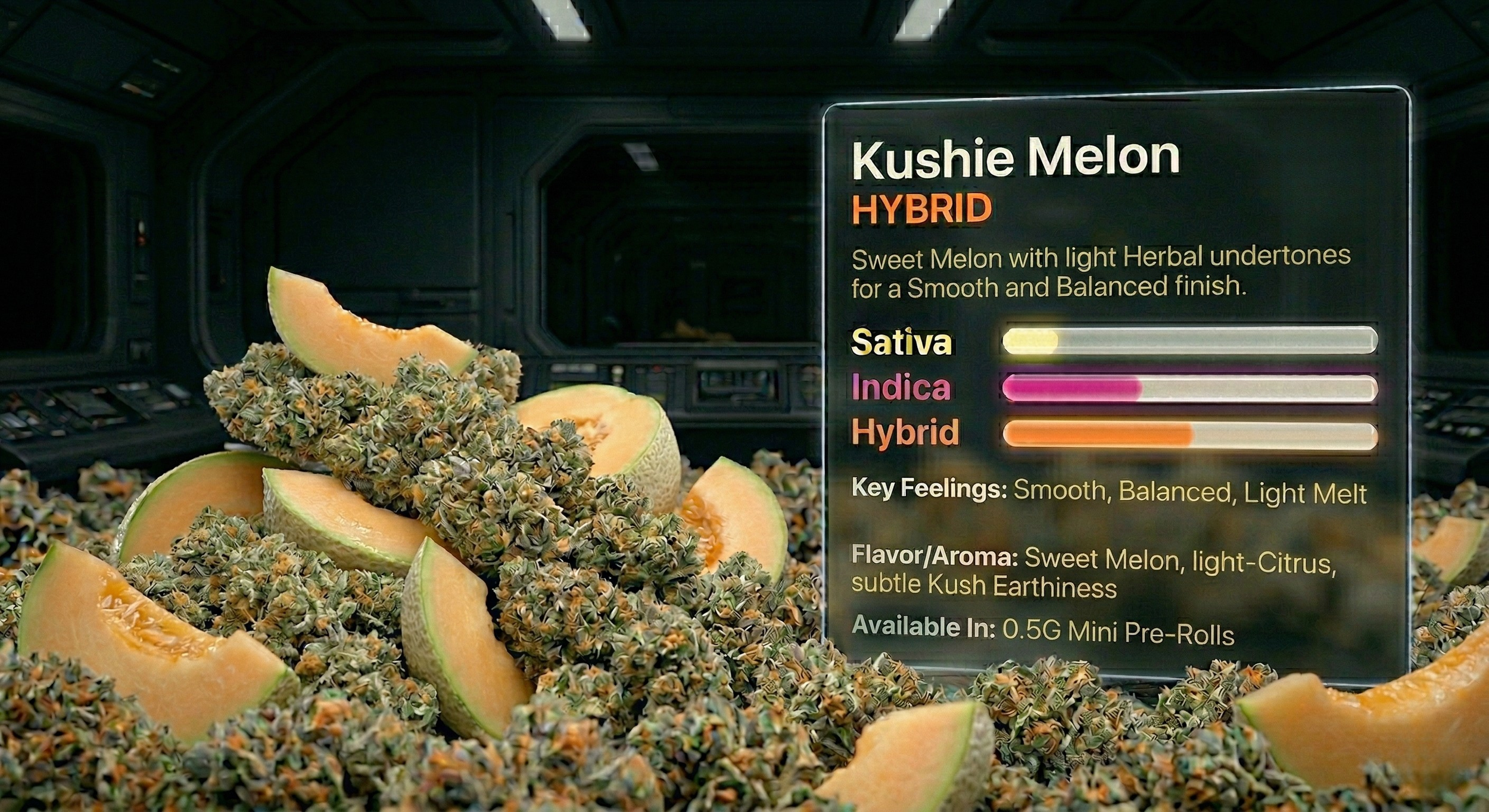 Display of Kushie Melon hybrid cannabis buds and slices with a digital info board describing its qualities, flavor, and availability.
