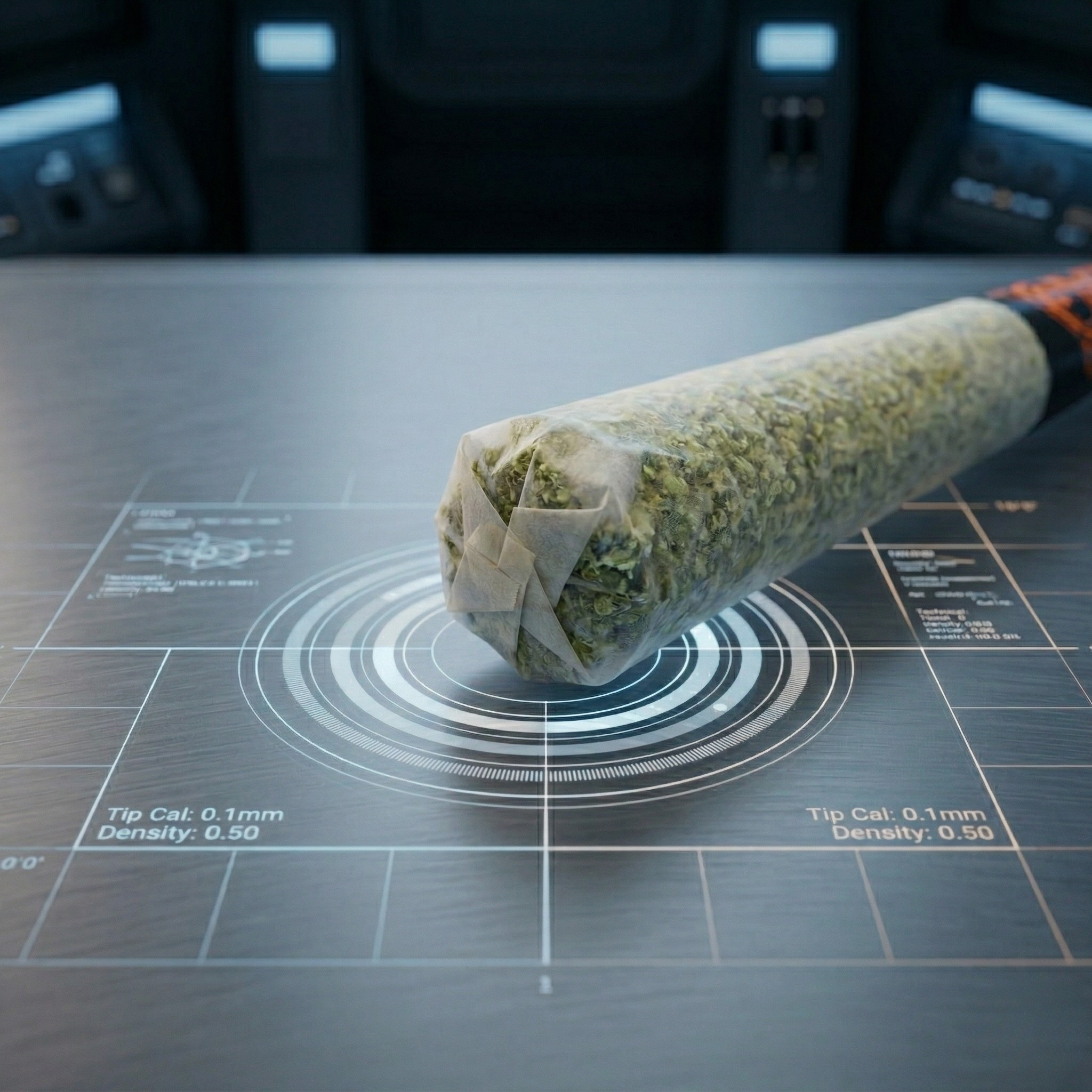A large joint filled with cannabis rests on a futuristic digital display table with scientific measurements and data.