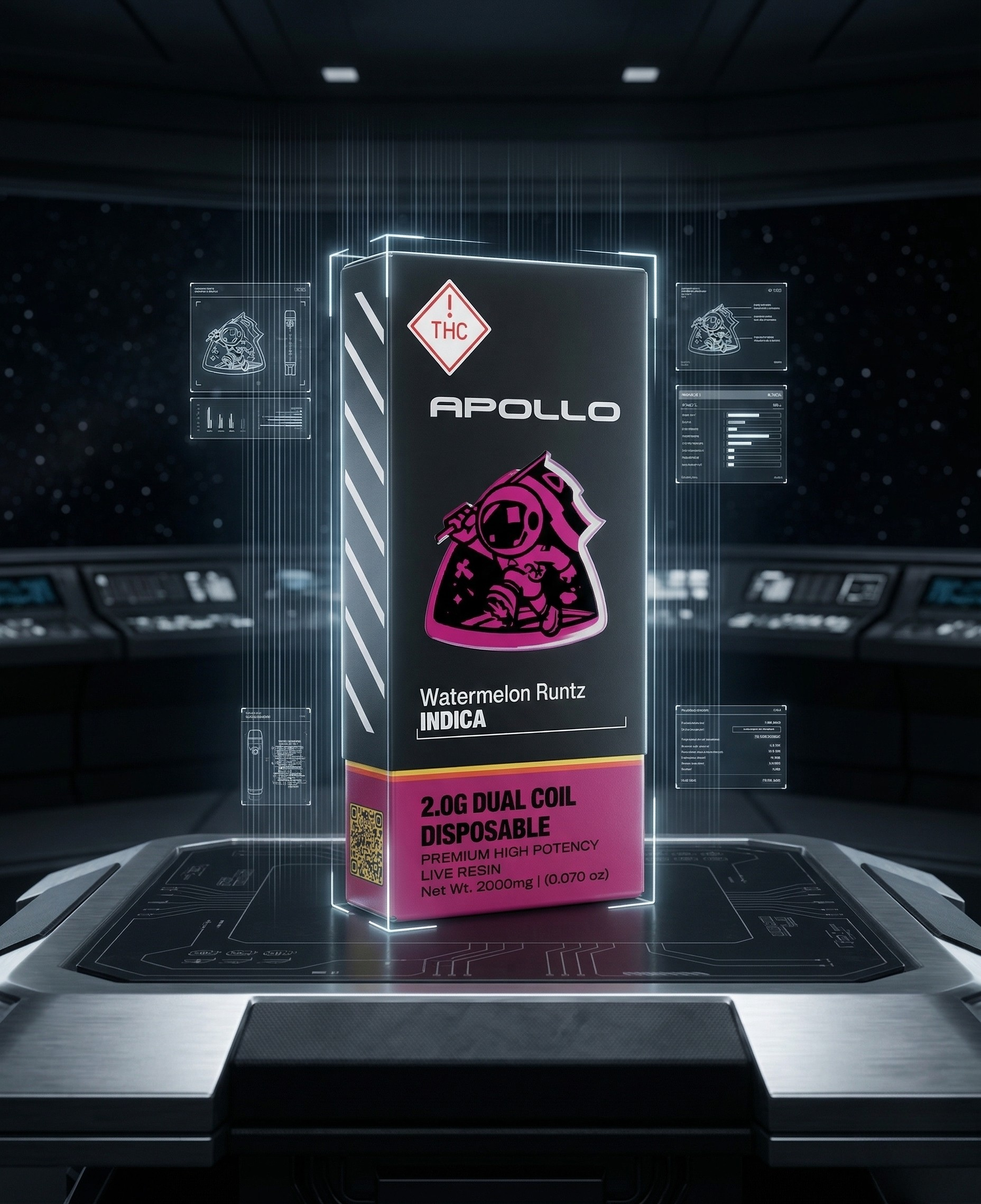 Futuristic digital rendering of a box labeled 'Apollo Watermelon Runtz Indica' on a sci-fi themed platform with holographic displays in the background.