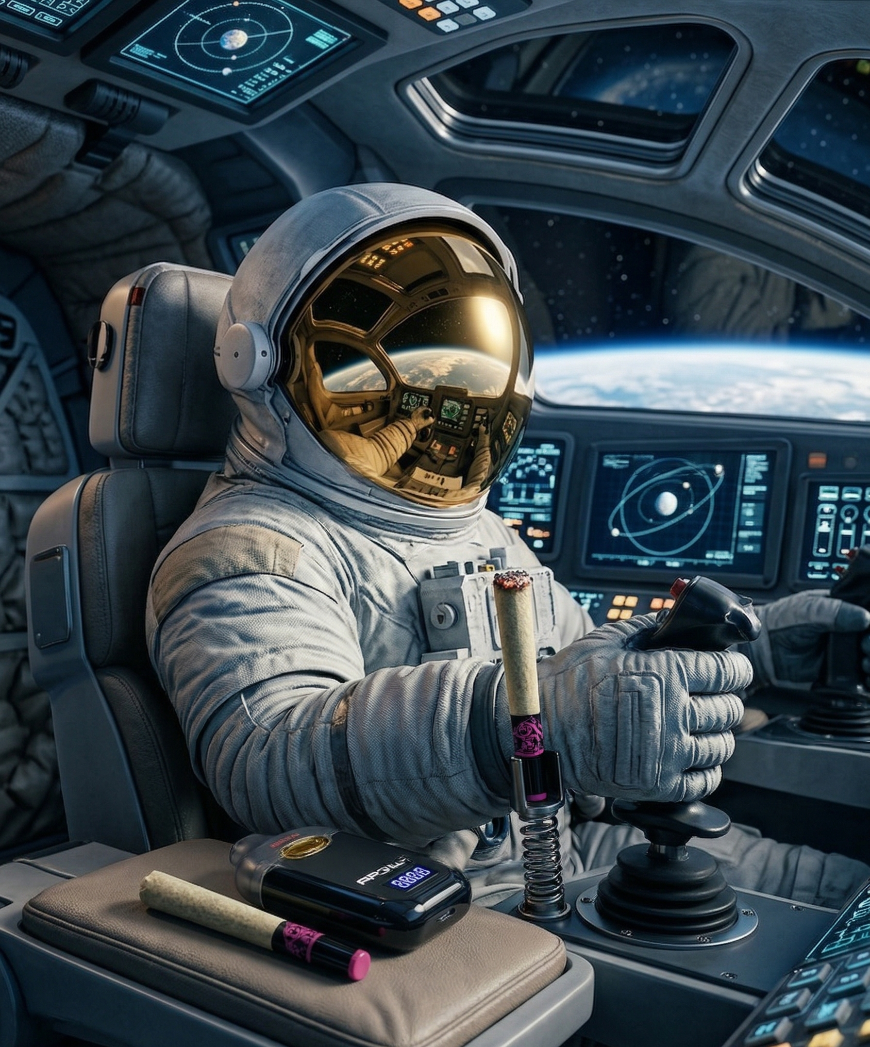 An astronaut in a spaceship cockpit holding a lit cigar and a lighter, with a view of Earth and stars outside the window.