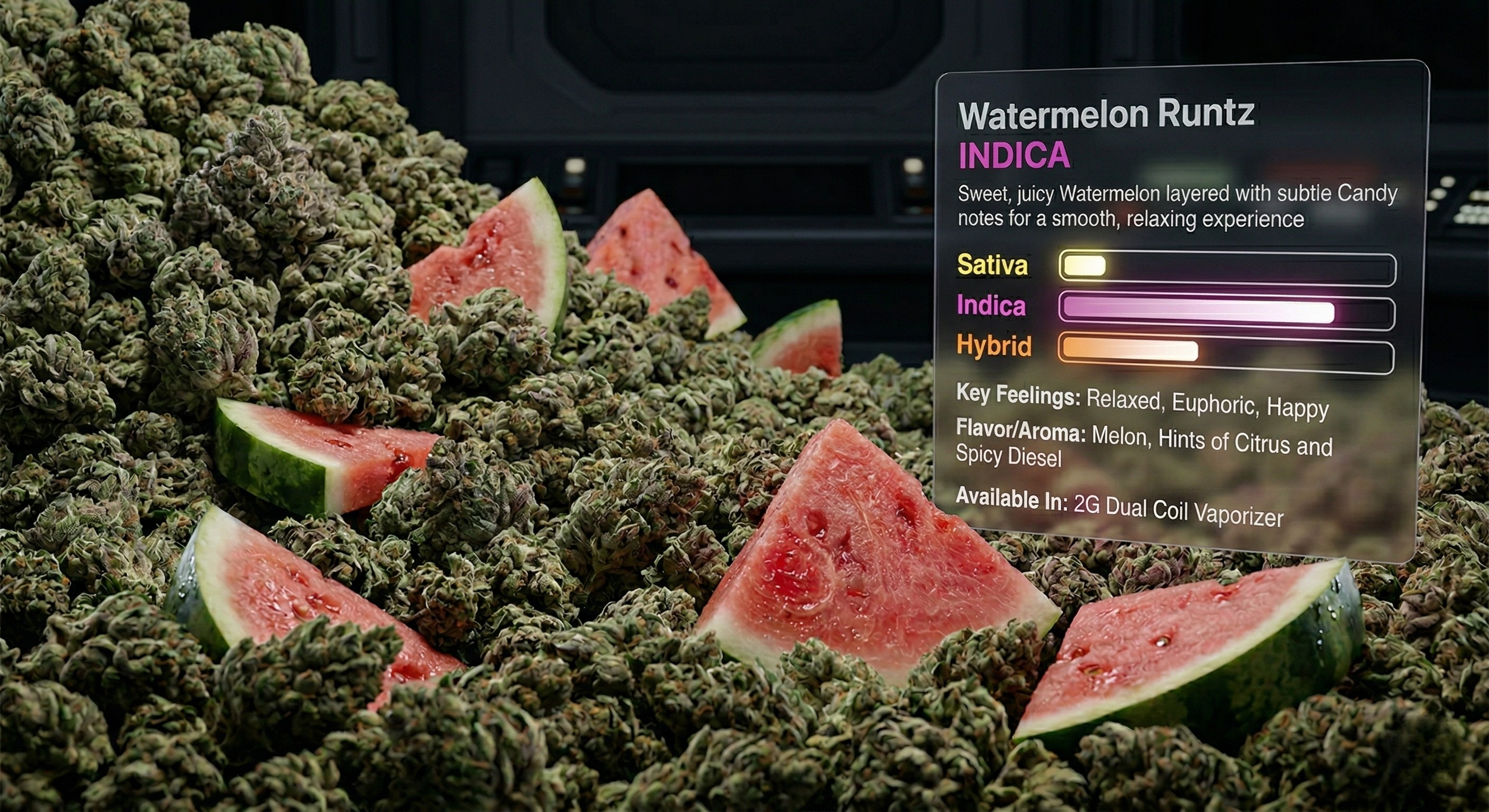Display of watermelon slices surrounded by a pile of cannabis buds with a sign describing the watermelon runz strain.