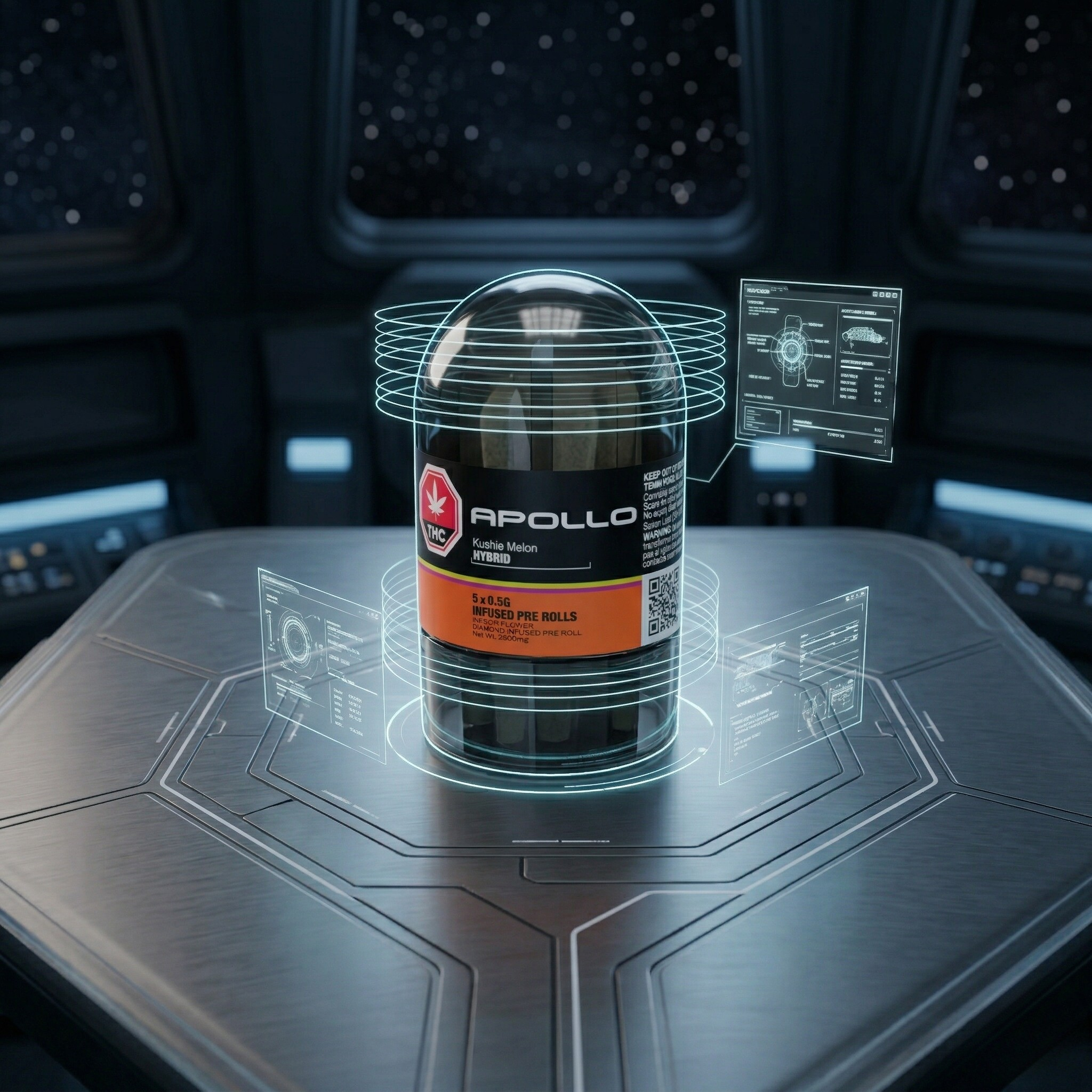 A digital, futuristic display shows a capsule labeled 'APOLLO' containing a hybrid Kushie Melon product, with holographic screens and data projections surrounding it in a spaceship or high-tech environment.