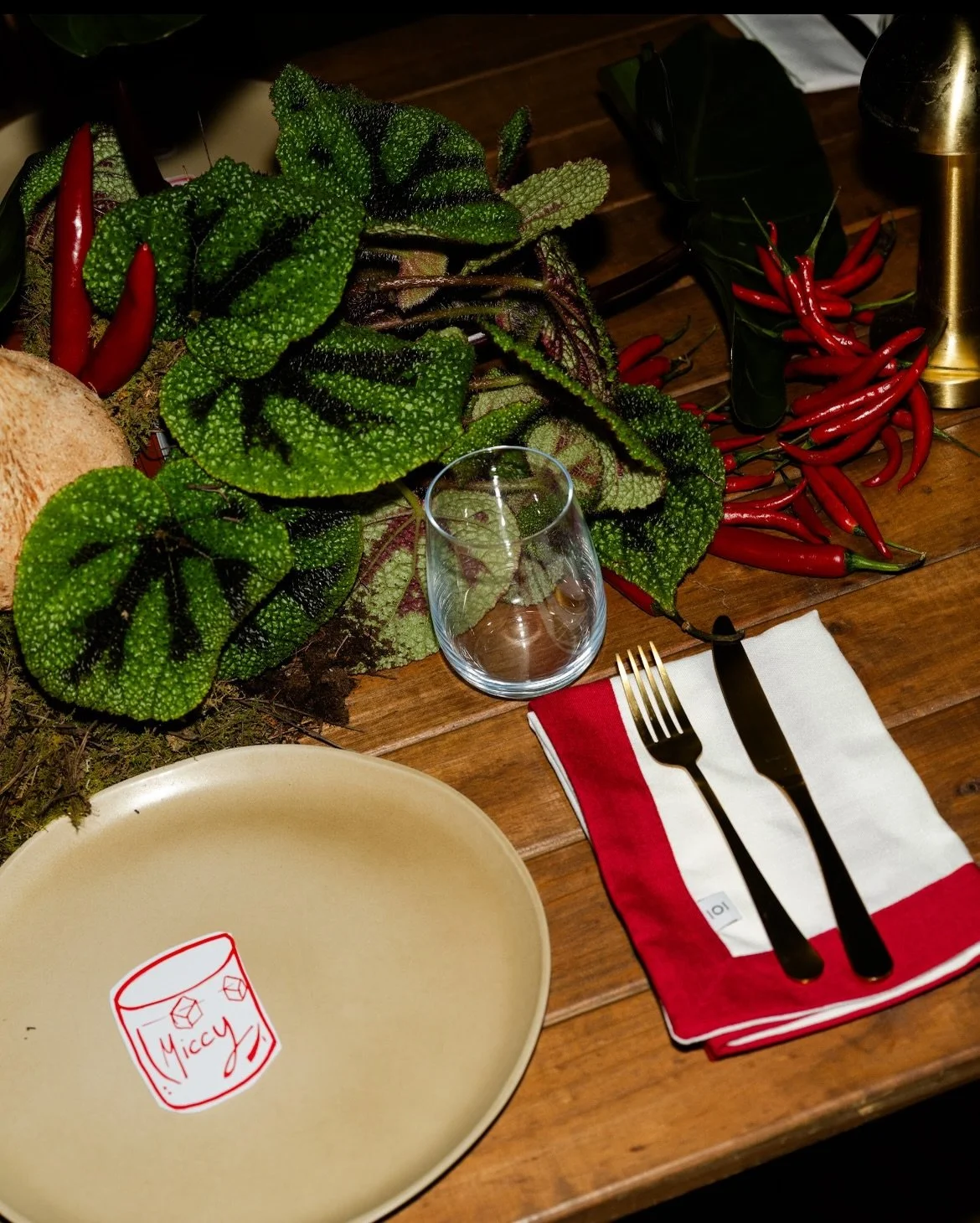 Who said centrepieces must sit quietly amongst the chatter of a table? Not us! These botanicals are demanding attention with their textural begonia leaves, bromeliads and chillies 🌶️ 

@swellbyronbay 
@tmcpr_ 
@tjswim