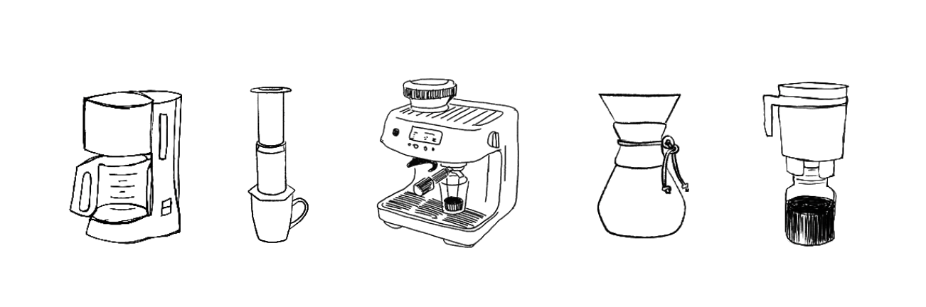 Line drawing of coffee brewing equipment including a drip coffee maker, a plunger, an espresso machine, a pour-over coffee maker, and an Aeropress with a coffee filter.