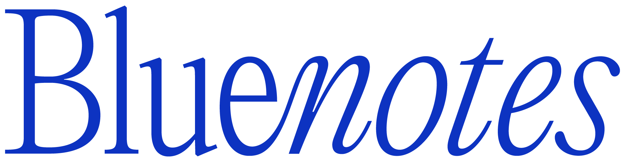 The word 'BlueNotes' written in large blue cursive font on a white background.