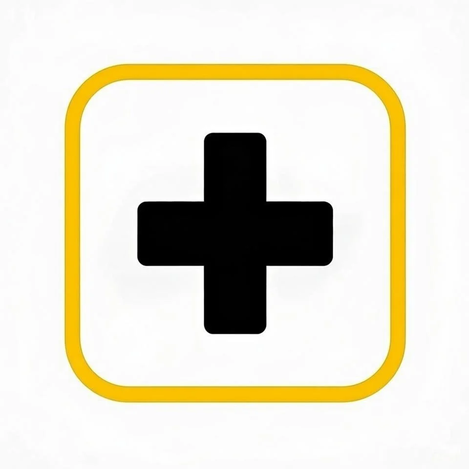 Medical cross symbol in black with a yellow border on a white background.