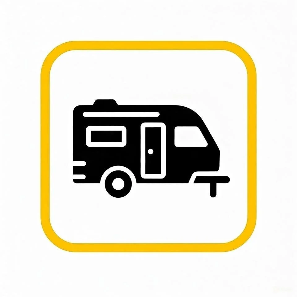 Icon of a camper trailer with a yellow border.