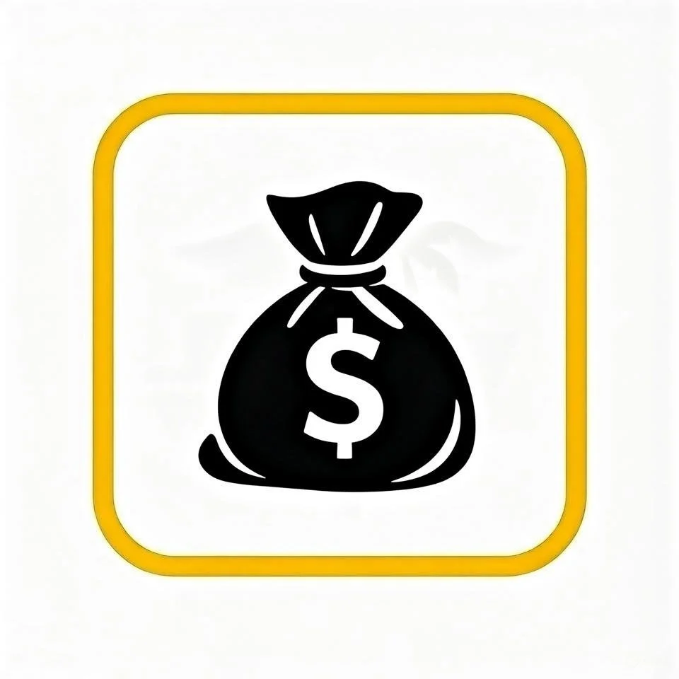 Icon of a money bag with a dollar sign on it, enclosed in a yellow border.