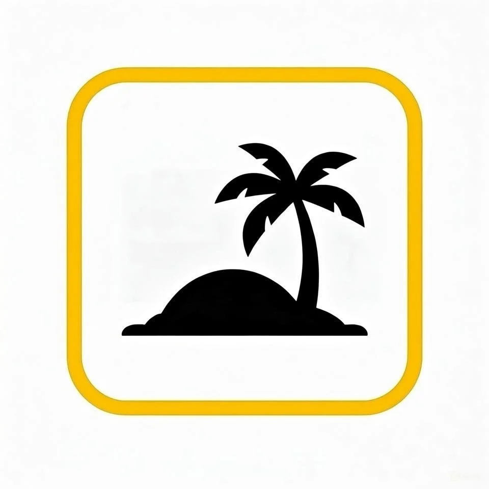 Icon of a palm tree on a small island, enclosed in a yellow-bordered square.