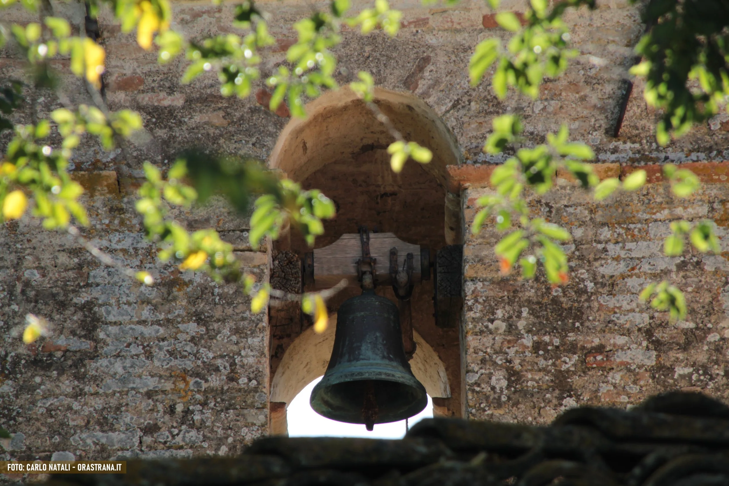 A bell hanging in a small arched opening of an old stone brick tower, partially obscured by green leaves in the foreground.