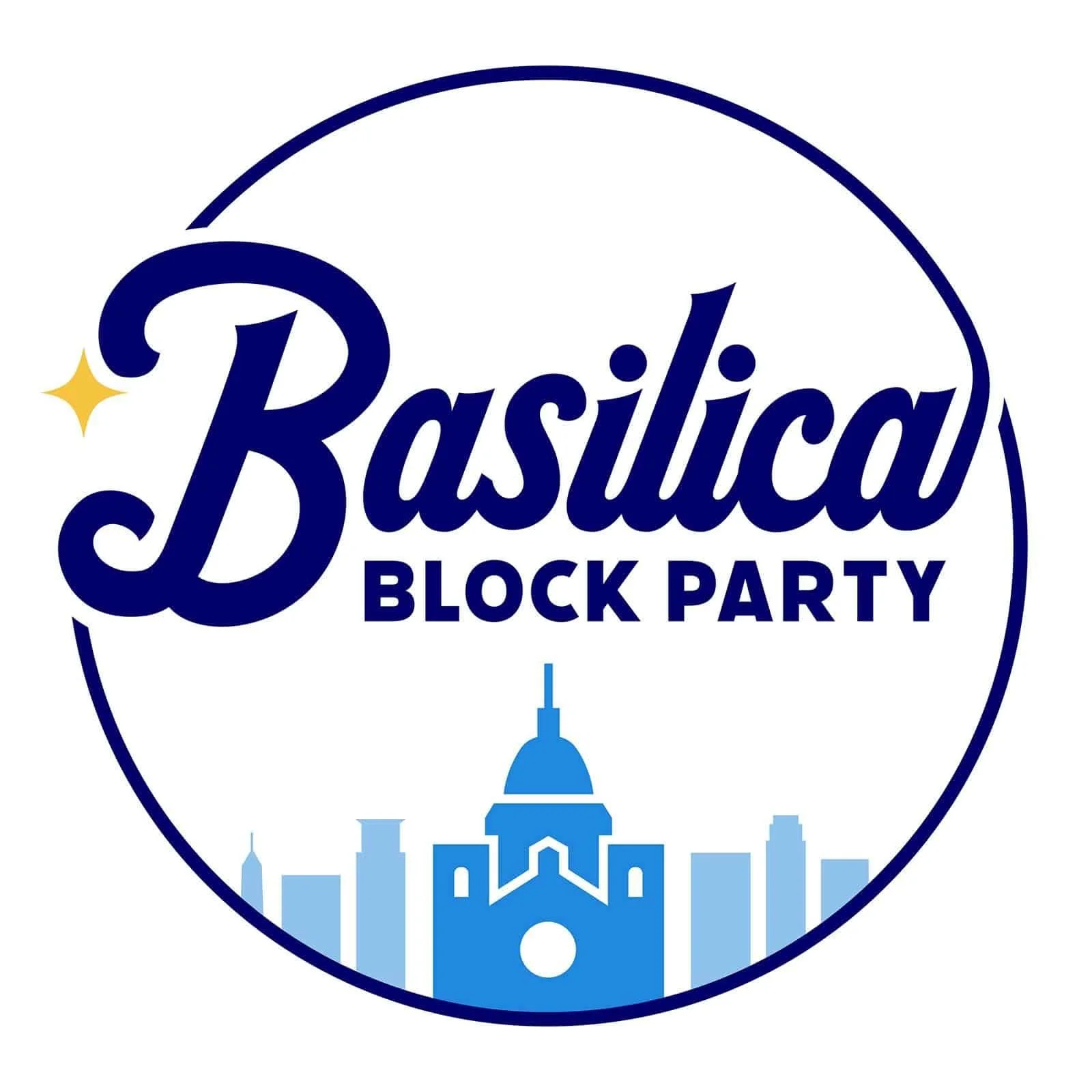 Logo for the Basilica Block Party showing a dark blue circle outline, with the words 'Basilica Block Party' in large font, a yellow star, and a light blue silhouette of a city skyline with a prominent building with a dome.