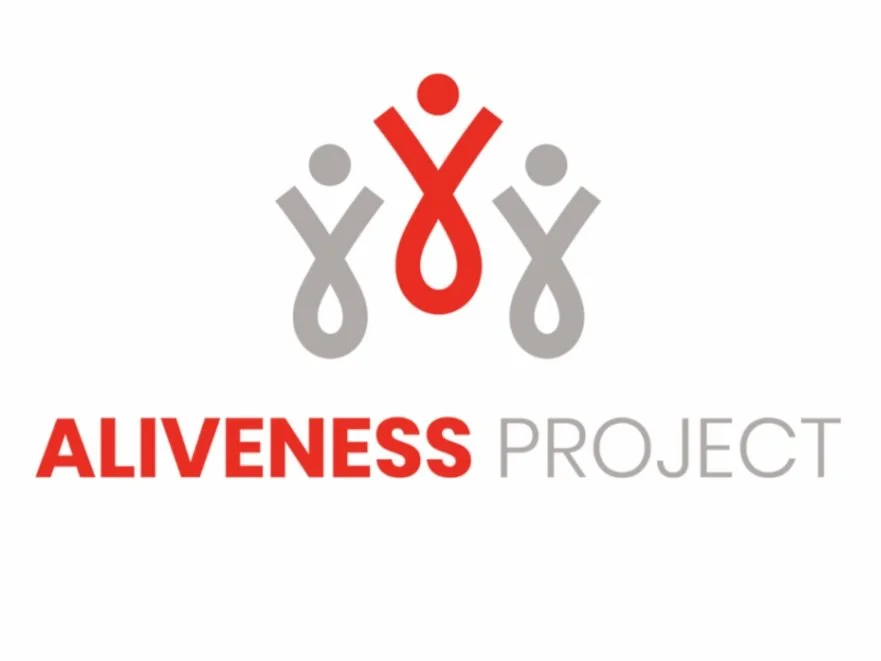 Logo for the Aliveness Project featuring three stylized human figures, with one red figure in the center and two gray figures on either side, above the text 'ALIVENESS PROJECT' with 'ALIVENESS' in red and 'PROJECT' in gray.