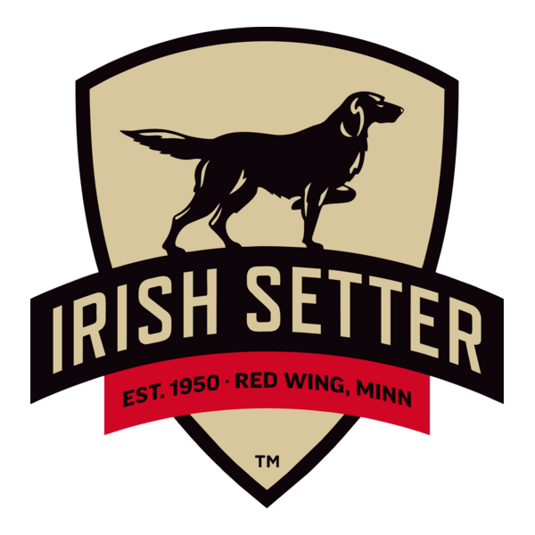 Logo with a black Irish Setter dog silhouette on a beige shield, the text 'Irish Setter' and 'Est. 1950 Red Wing, Minn' in red banner.