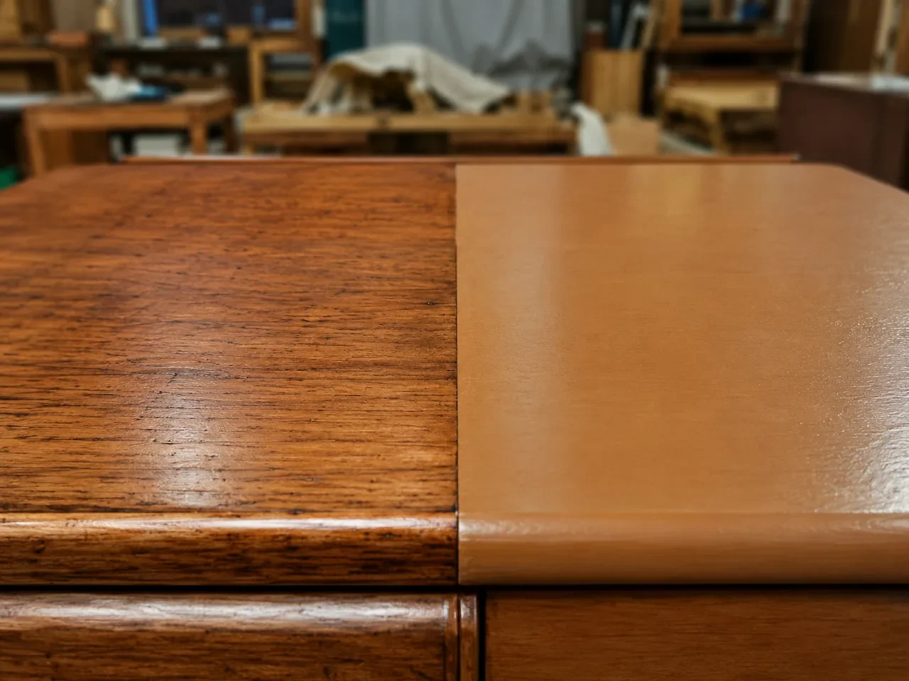 Preserved patina on restored mid-century timber furniture