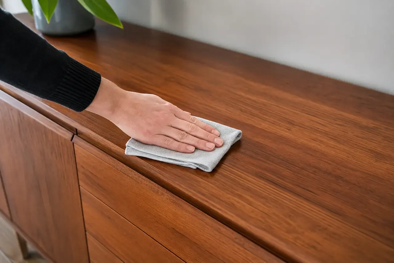 Wiping a teak sideboard along the grain with a barely damp cloth