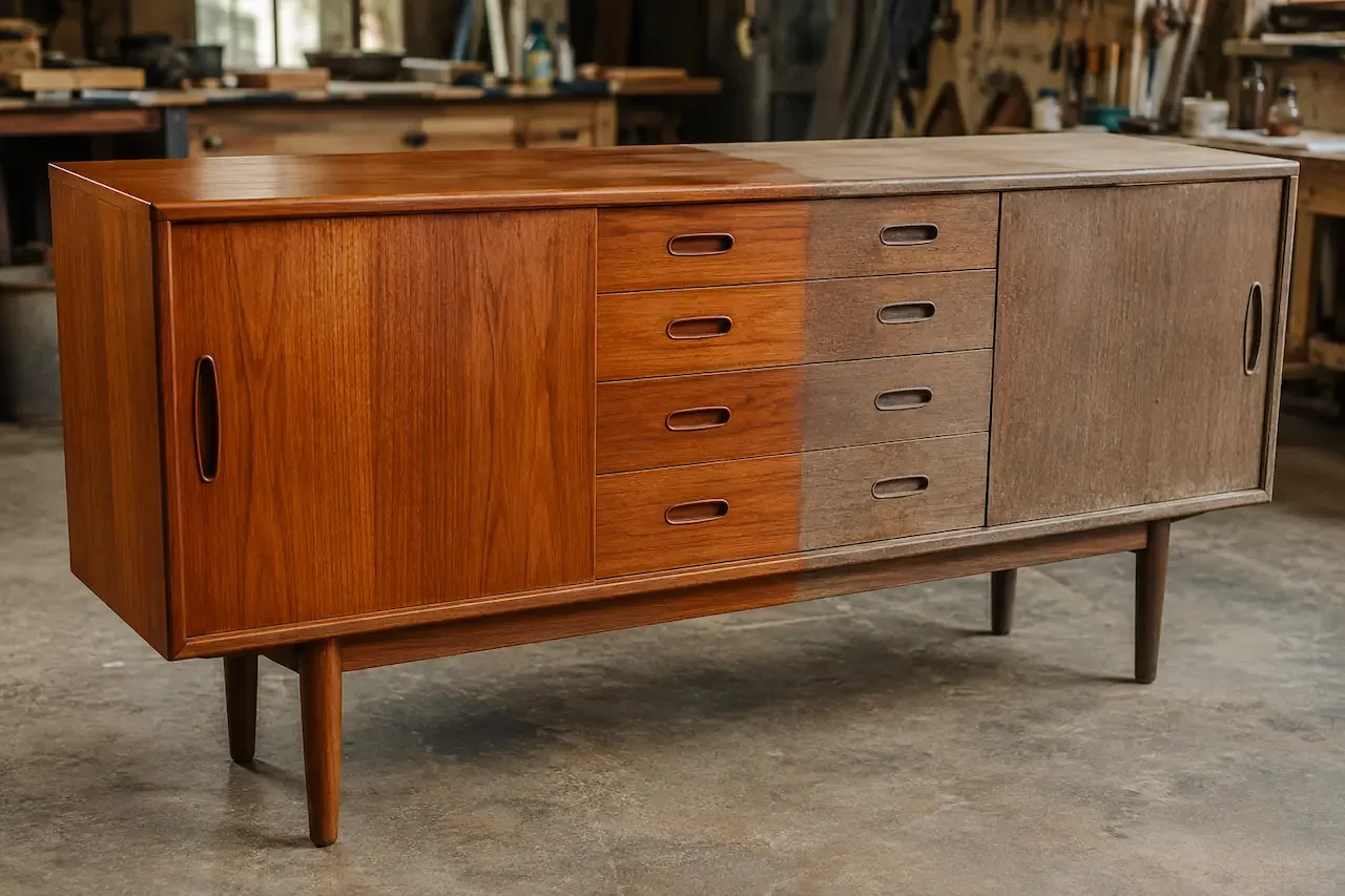 Danish teak sideboard part-restored in the Fitzroy workshop, cleaned half beside untouched half