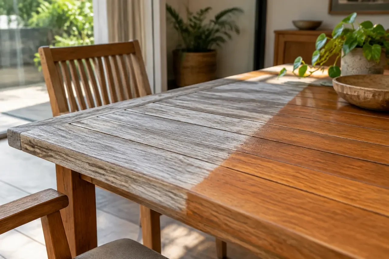 Weathered grey teak furniture restored to a warm natural wood finish indoors