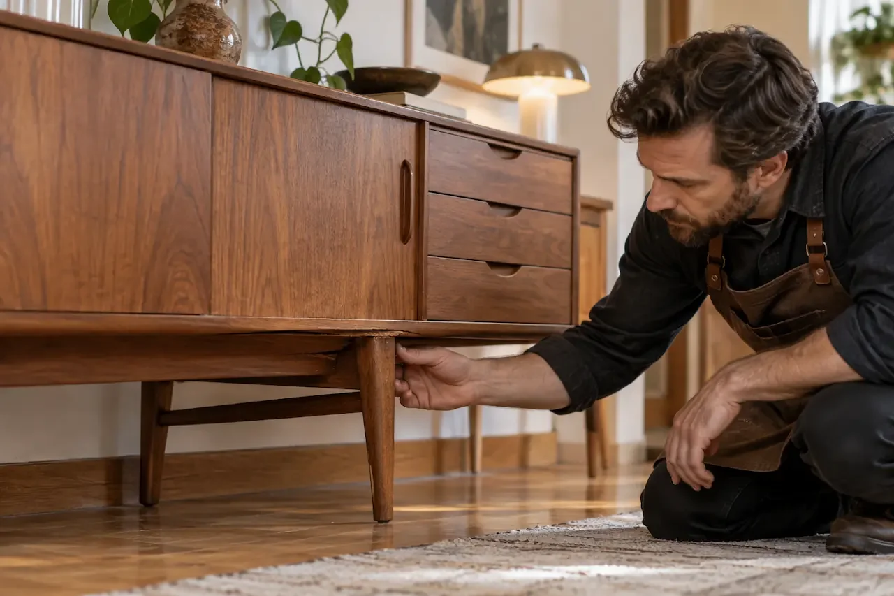 Furniture restorer inspecting a mid-century wooden cabinet for hidden structural damage.