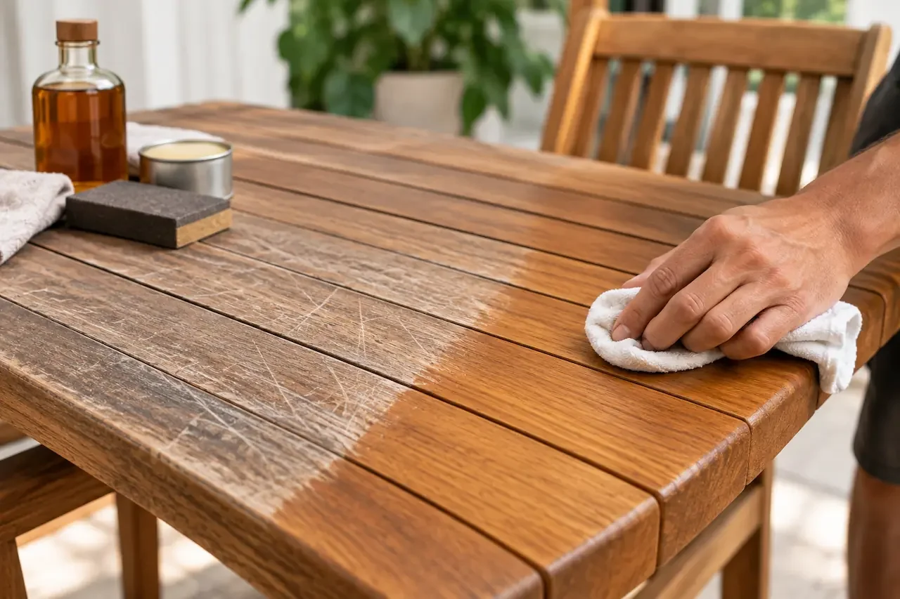 Scratched teak furniture being restored with cleaning and refinishing