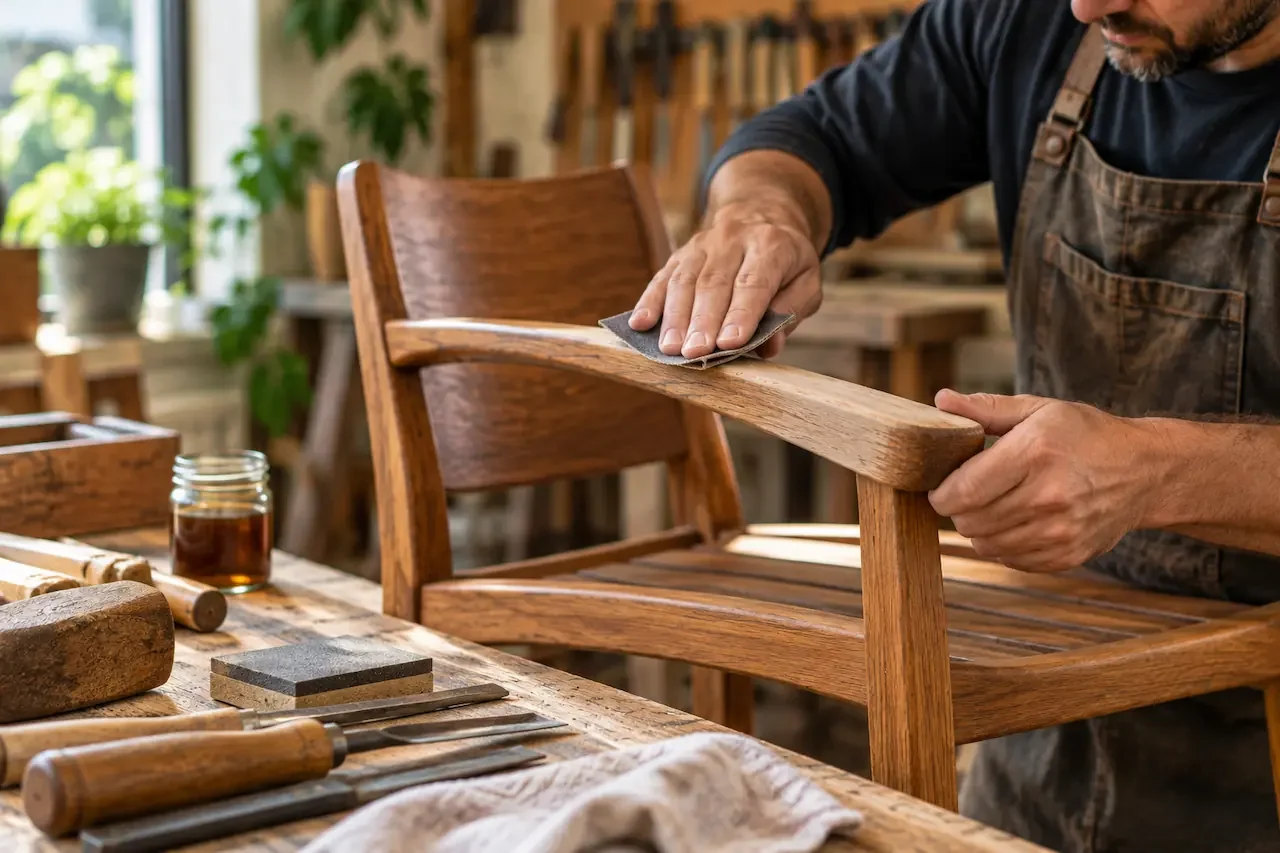 Craftsman using woodworking skills to restore a teak chair in workshop