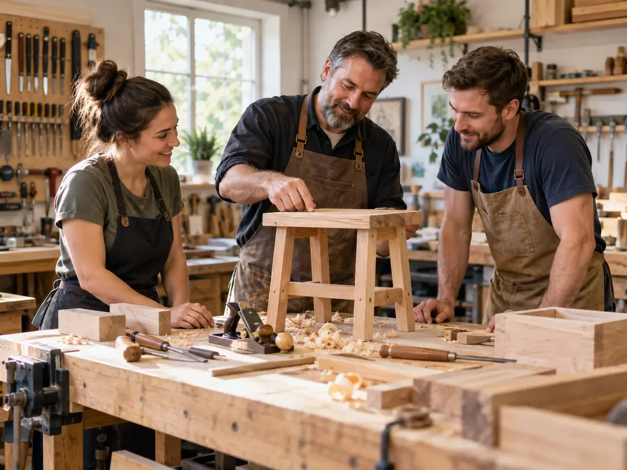 Beginners learning woodworking skills with an instructor in a Melbourne workshop.