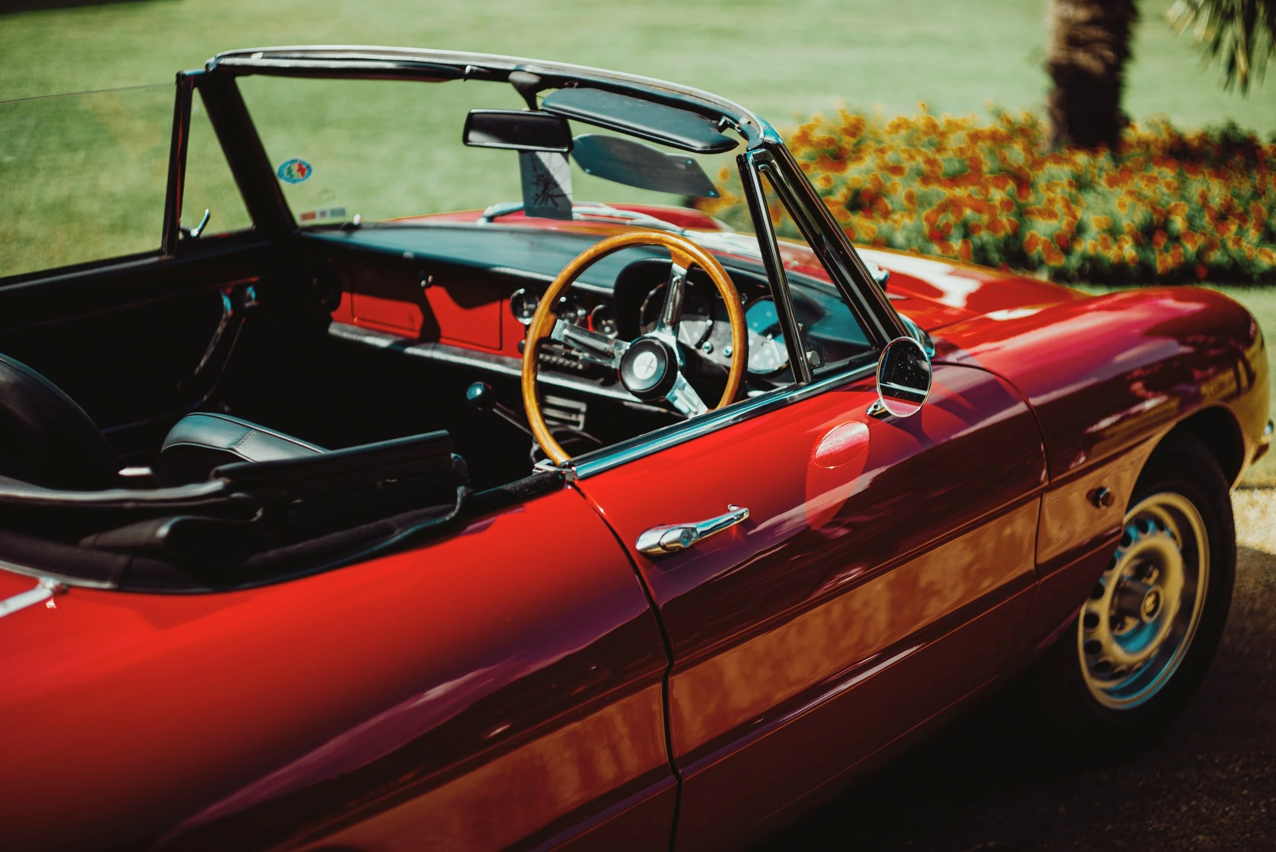 Close-up of a vintage red convertible car parked outdoors with a background of grass and flowers.