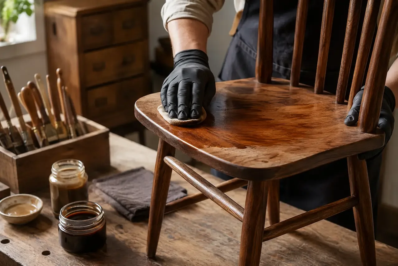 Professional timber furniture refinishing with a craftsman restoring a wooden chair using polish and finishing tools in a workshop