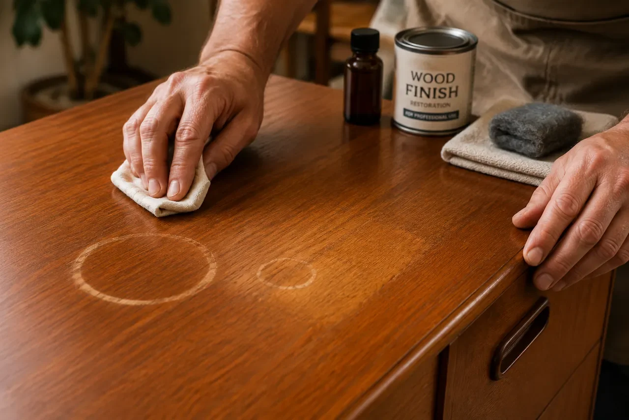 Professional restoring a teak wood surface by removing water rings and heat marks with a cloth