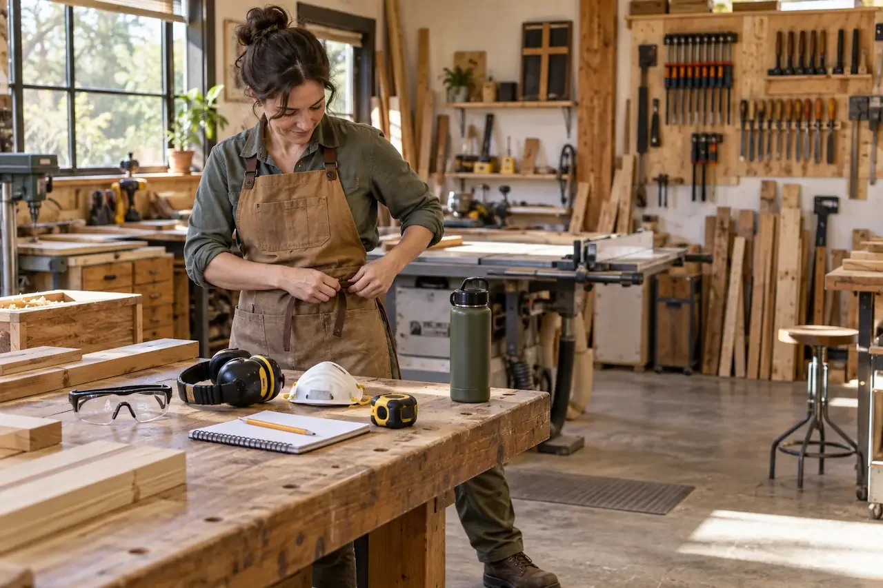 Woodworking student preparing safety gear and essentials before a hands-on woodworking class.