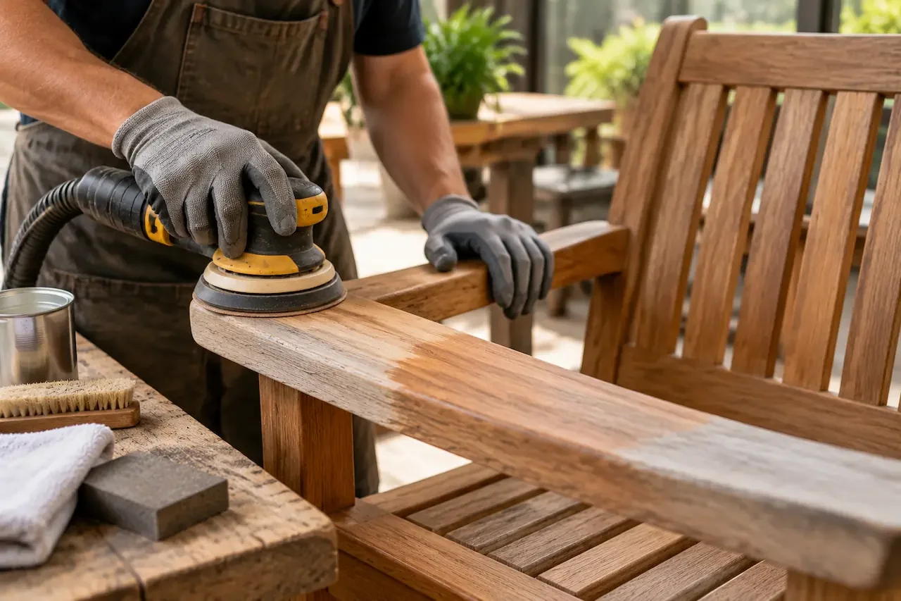 Professional restoring teak furniture with sanding and refinishing techniques