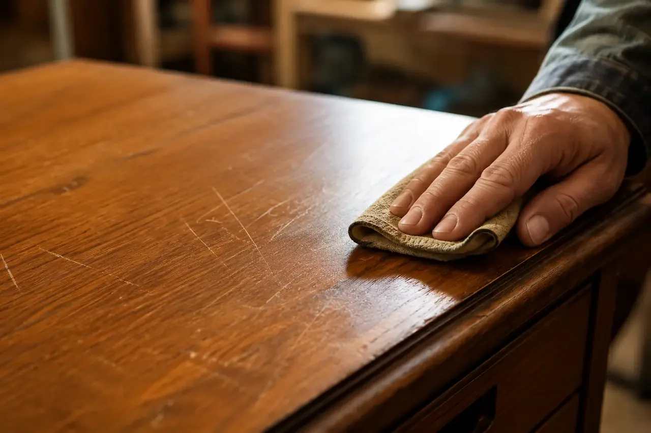 Repairing scratches on a wooden furniture surface with a soft cloth