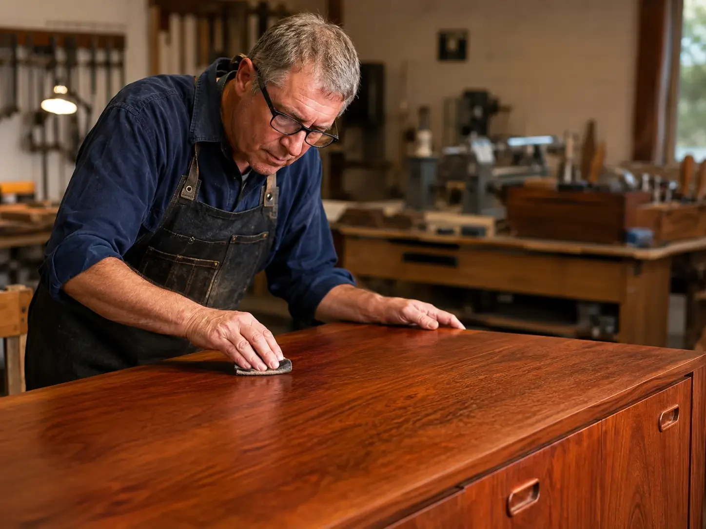 Hand-finishing teak furniture during restoration in Melbourne