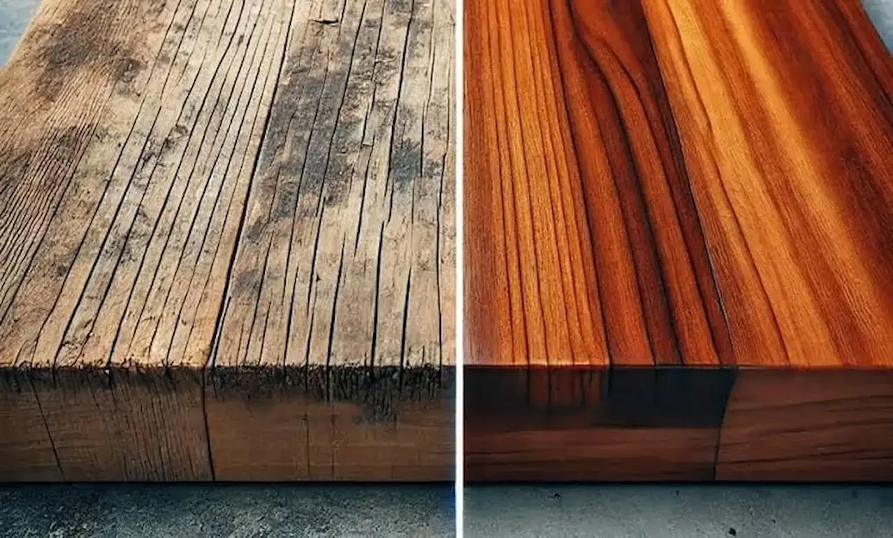 before and after teak wood showing weathered grey surface and refinished polished finish