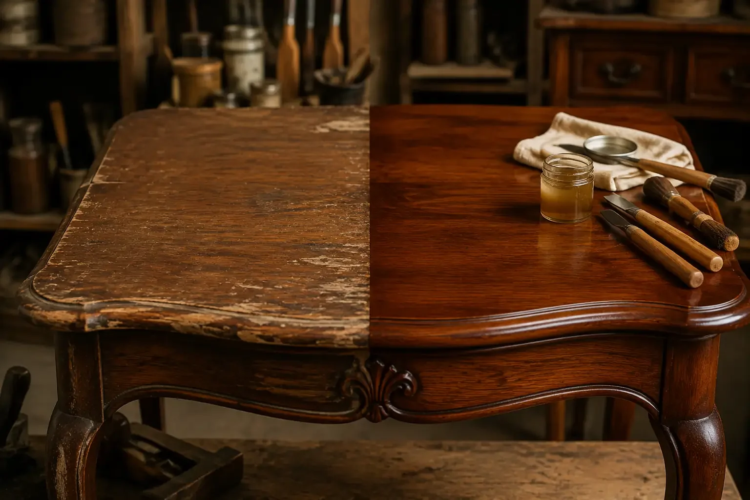 Professional furniture restoration showing a worn wooden table transformed into a polished finish with restoration tools in a workshop