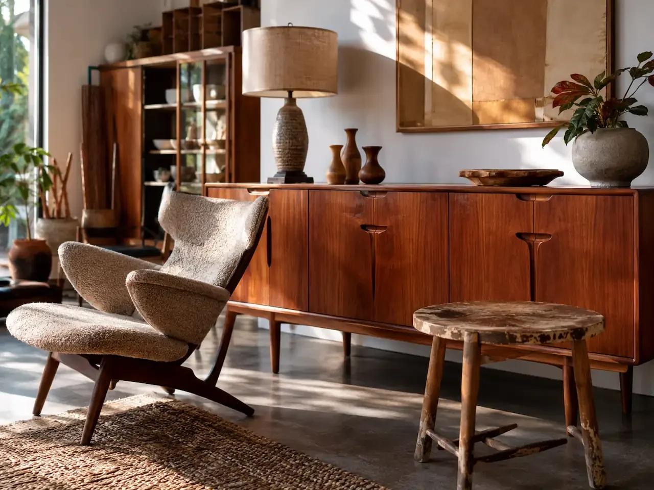 Mid-century modern furniture in a sunlit interior showing different designs, materials, and conditions that affect furniture value