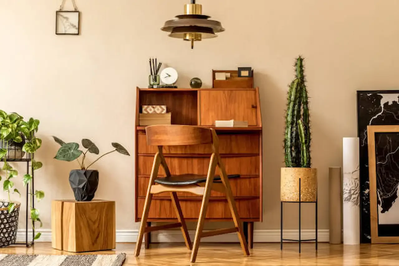Mid-century modern wooden writing desk with matching chair in a minimalist interior, styled with indoor plants, decorative items, and warm natural lighting.