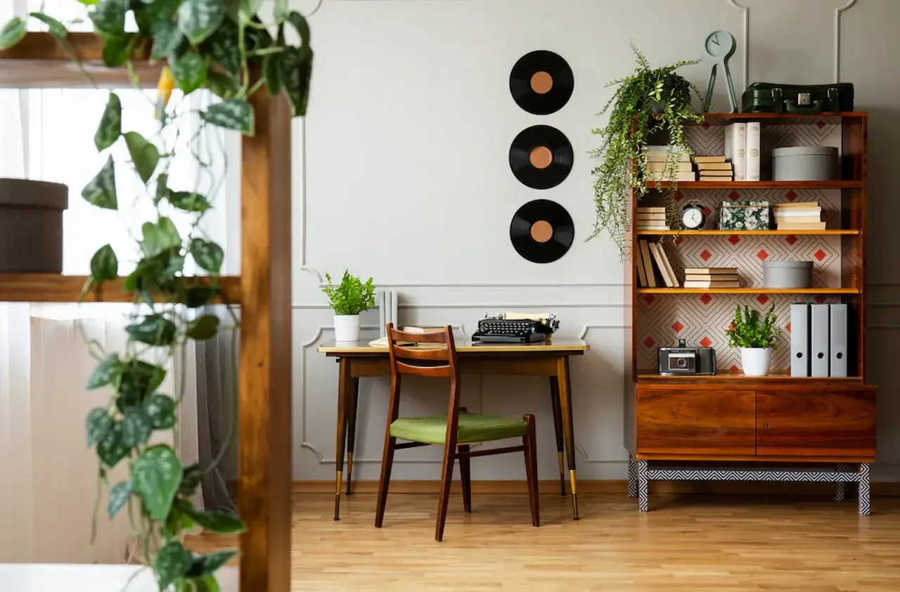 Mid-century modern home office with wooden desk, bookshelf, vinyl wall decor, and indoor plants.