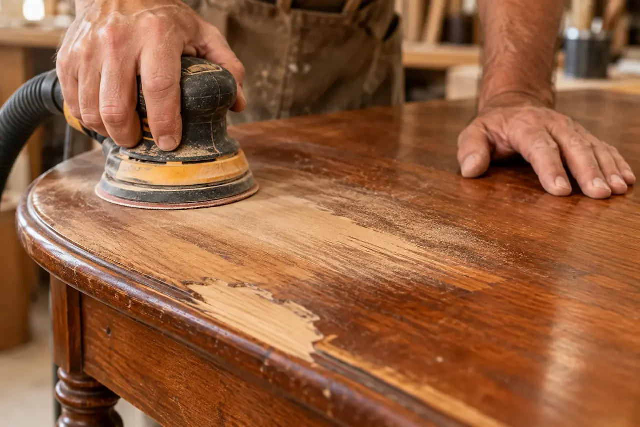 Furniture restorer sanding a timber table surface, showing how aggressive sanding can remove finish and damage wood quickly.