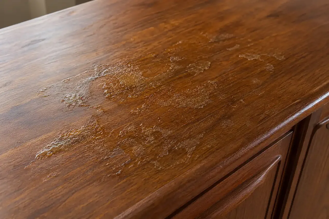 Gummy oil residue sitting on the lacquered top of a mid-century teak sideboard