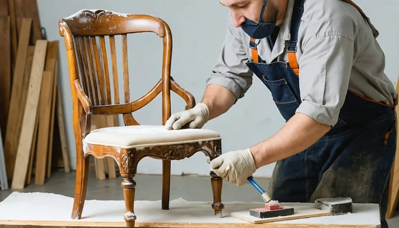A man refinishing a wooden chair by applying stain or polish to the legs.