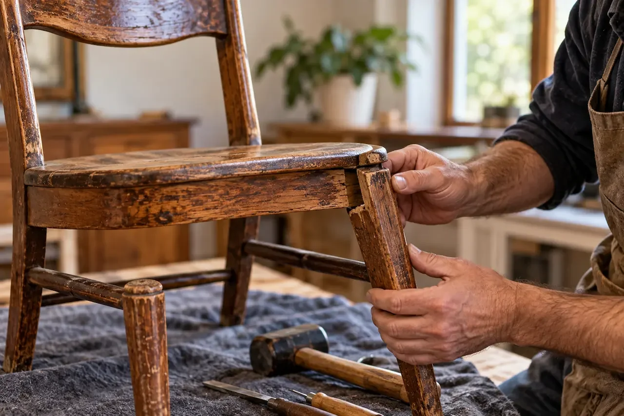Craftsman inspecting a loose wooden chair joint for structural repair and restoration.