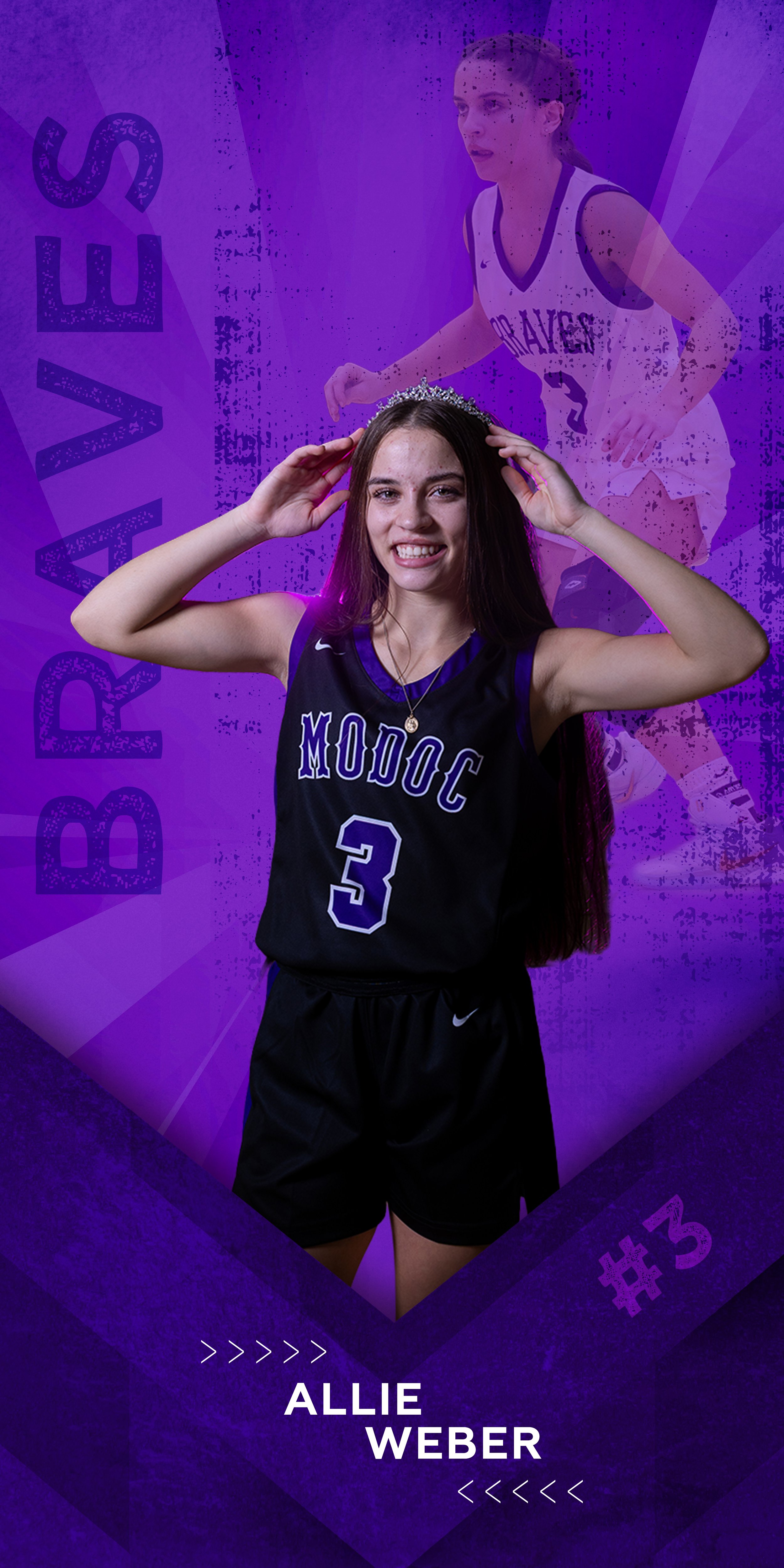 A young girl in a basketball uniform smiling and placing a crown on her head, with a background of a basketball player and sports-themed graphics.