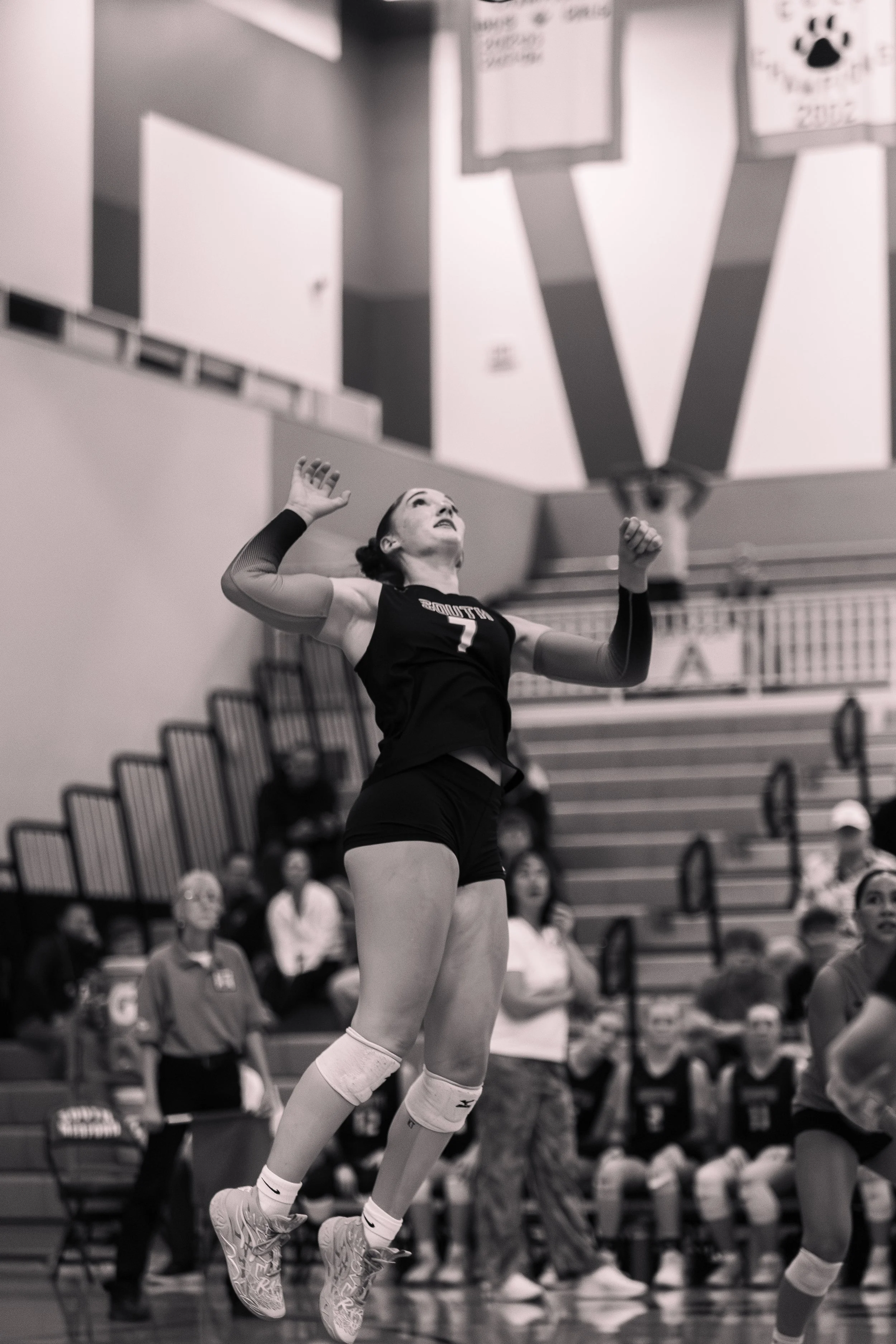 A female volleyball player in mid-air preparing to hit the ball, with spectators and teammates watching in the background.