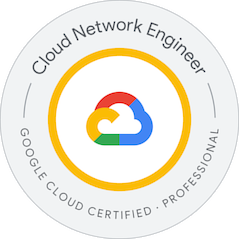 Circular badge with Google Cloud logo in the center, labeled 'Cloud Network Engineer' and 'Gooogle Cloud Certified - Professional' around the edge.
