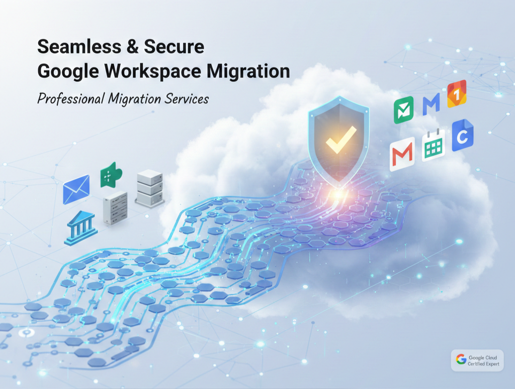 Cloud with icons of email, chat, servers, bank building, and security shield, representing cloud migration and data security services.